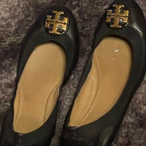 Tory Burch Black Flats with Gold Emblem